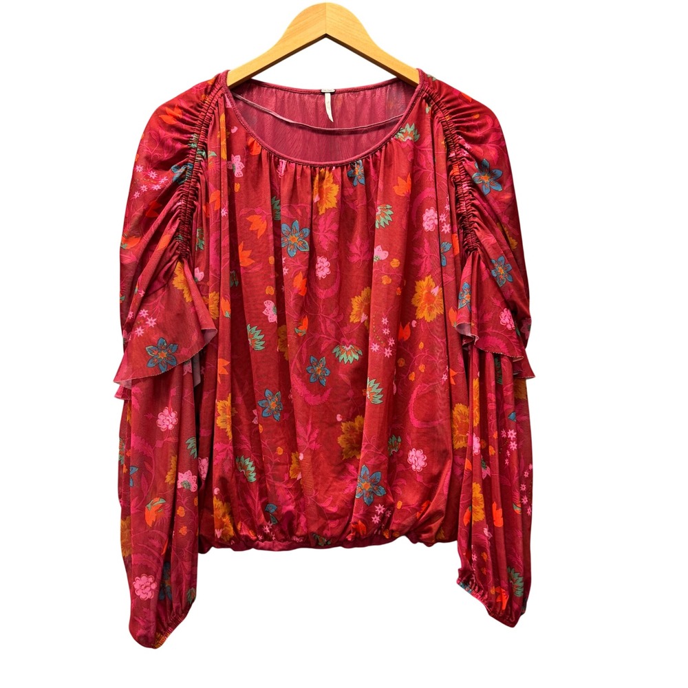 Free People Blouse Womens Medium Floral Mesh Ruffle Red Boho Oversized Cottage